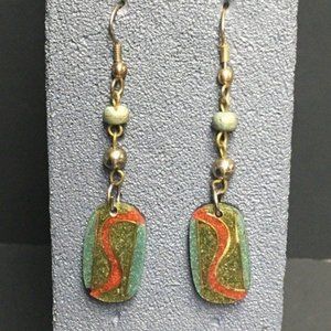 Christmas Dangle Pierced Earrings Red Green Cloisonné Swirl Sparkle Silver Gold